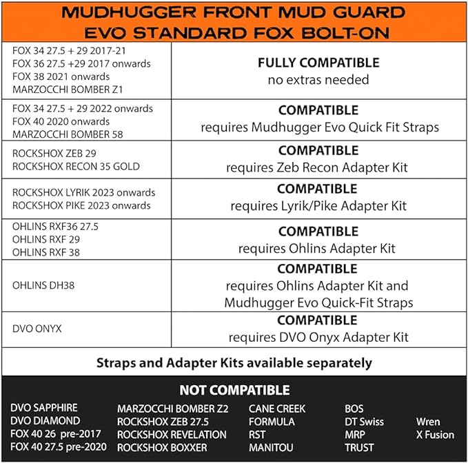 Mudhugger EVO Bolt-On (LONG) default fitting for most FOX (OPTIONS FOR ZEB, RECON, LYRIK,PSYLO, DVO AND OHLINS SEE BELOW)